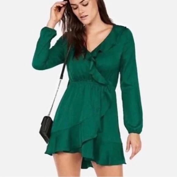 EXPRESS Dark Green Mini Ruffle Faux Wrap Satiny Romantic Dress Size Large $60 - Picture 1 of 15